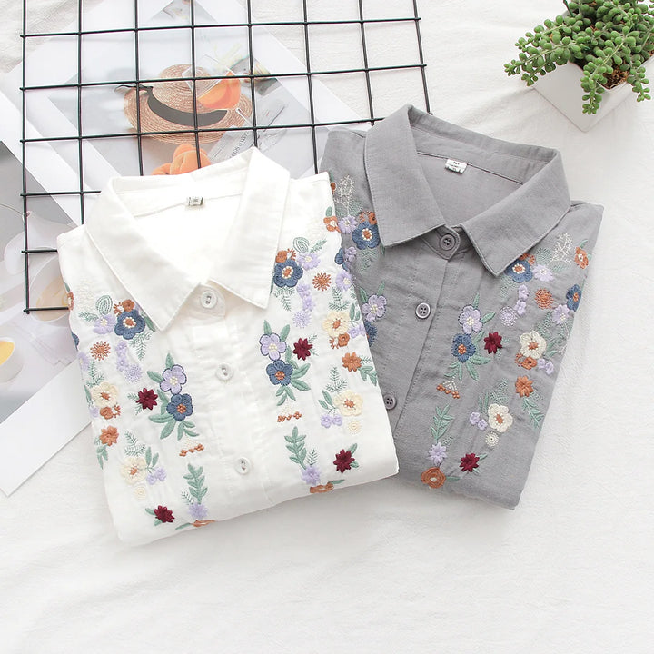 Adina™ | Embroidered Floral Button-Up Shirt