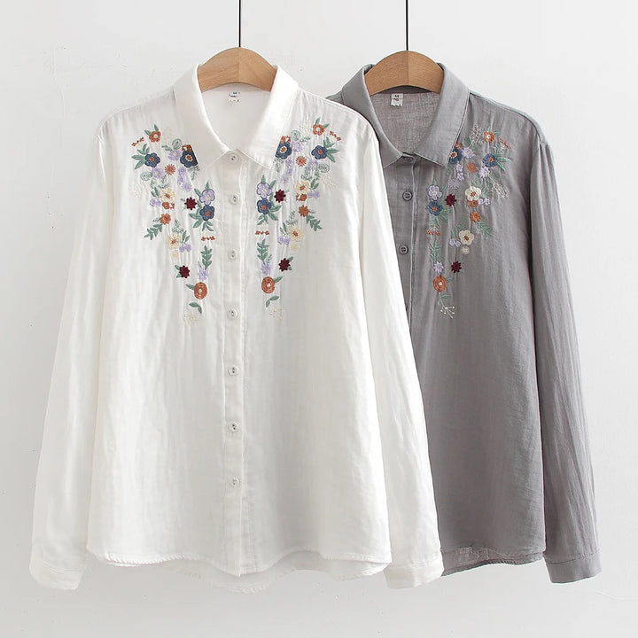 Adina™ | Embroidered Floral Button-Up Shirt