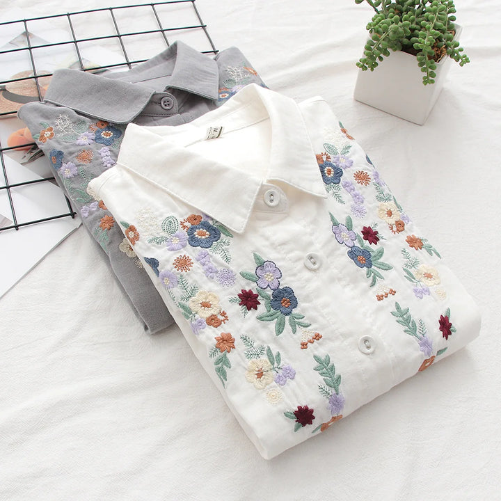 Adina™ | Embroidered Floral Button-Up Shirt