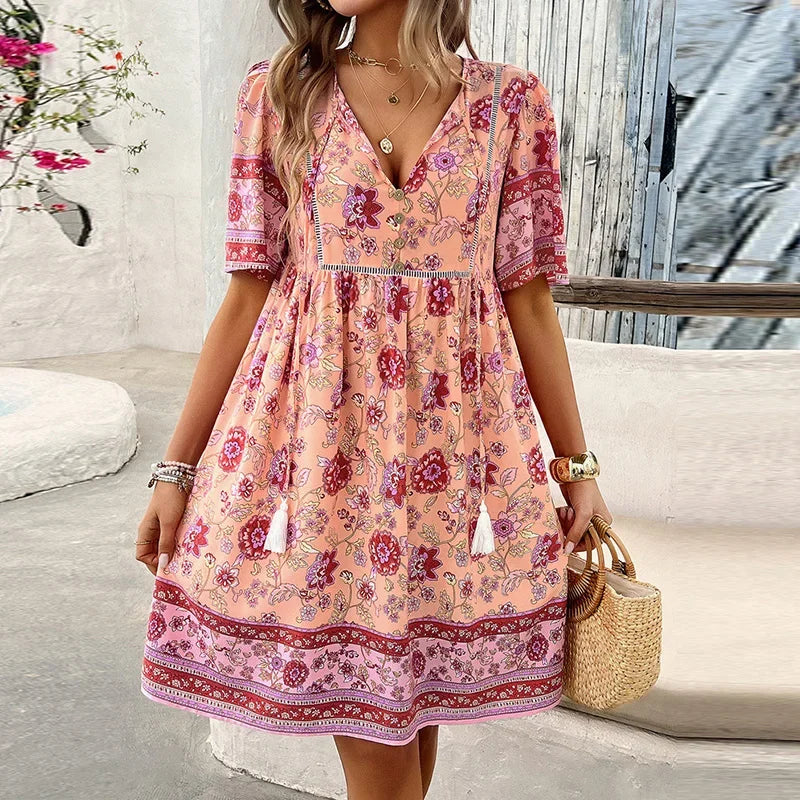 Ariana™ Floral V-Neck Boho Mini Dress